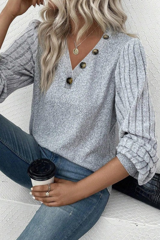 Buttoned V Neck Ribbed Puff Sleeve Top