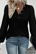 Buttoned V Neck Ribbed Puff Sleeve Top