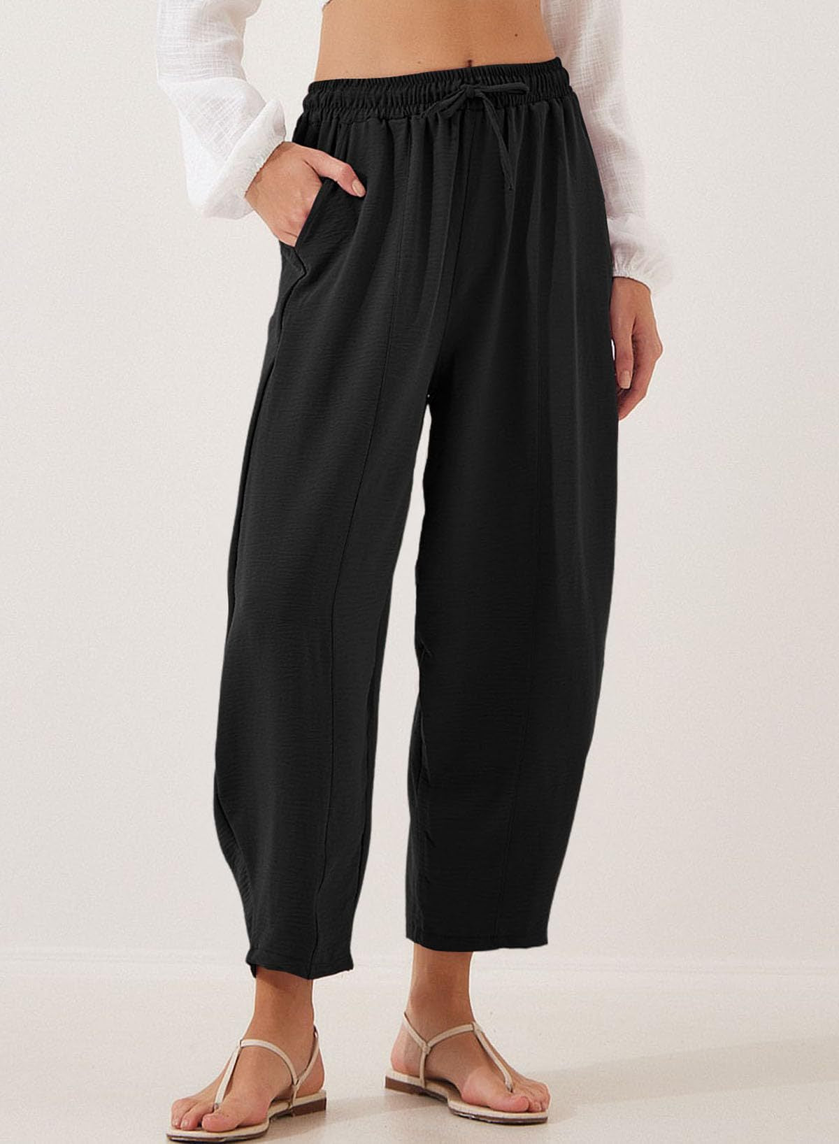 Women Clothing Spring Summer High Waist Loose Vacation Casual Drawstring Pocket Cropped Pants
