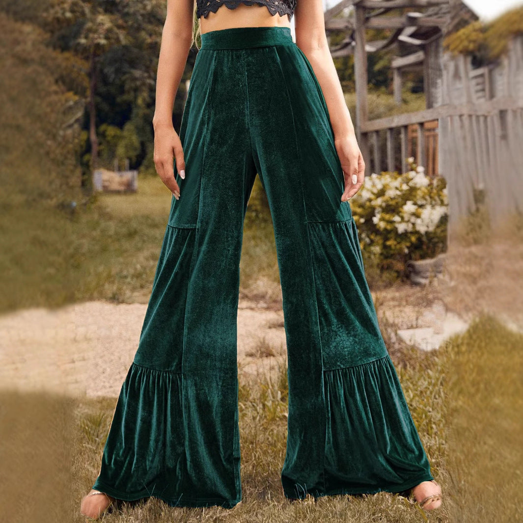 Women Clothing Autumn Winter Trendy Casual Trousers Gold Velvet Ruffled Wide Leg Pants