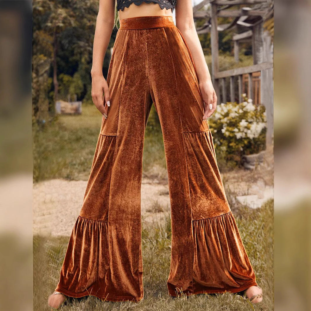 Women Clothing Autumn Winter Trendy Casual Trousers Gold Velvet Ruffled Wide Leg Pants