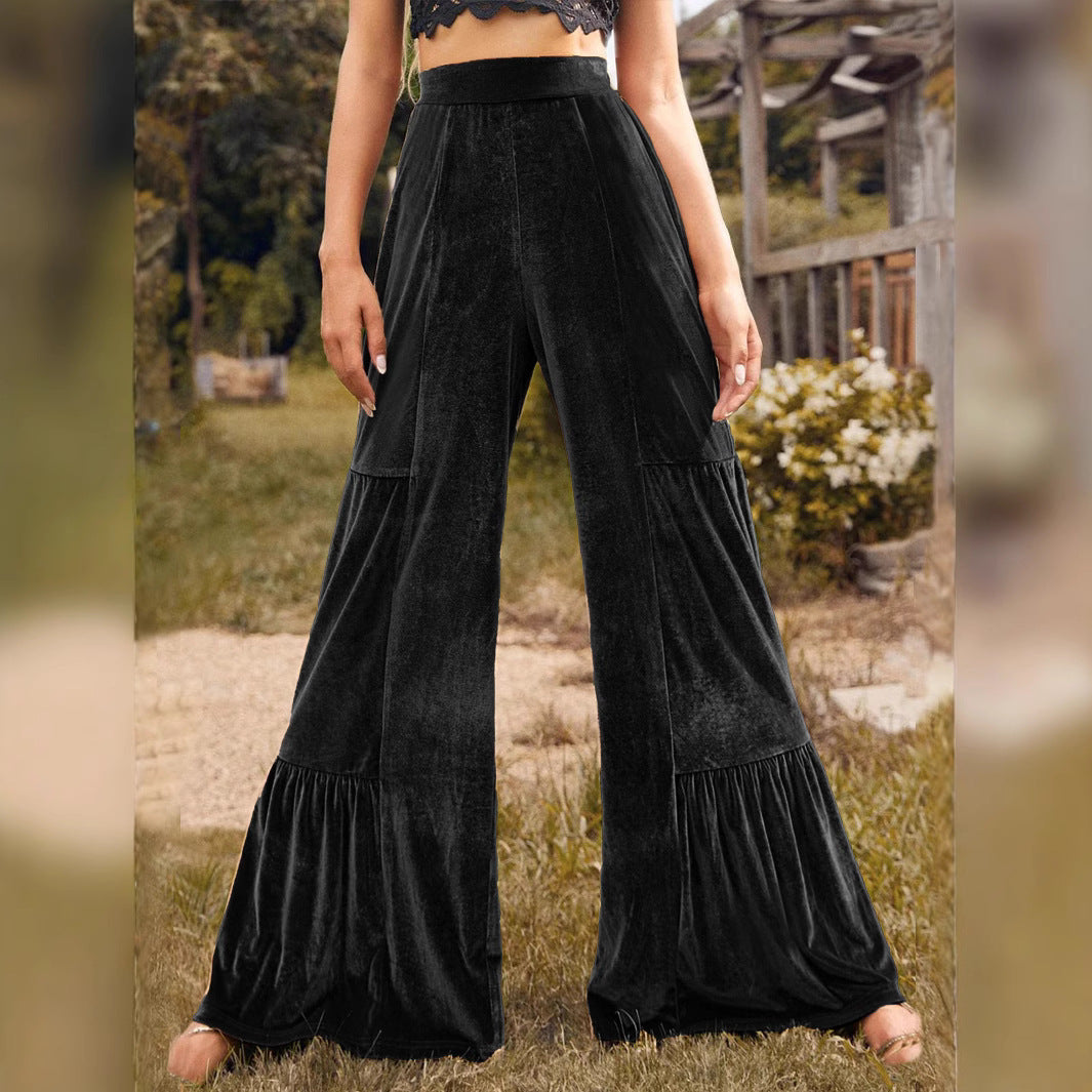 Women Clothing Autumn Winter Trendy Casual Trousers Gold Velvet Ruffled Wide Leg Pants