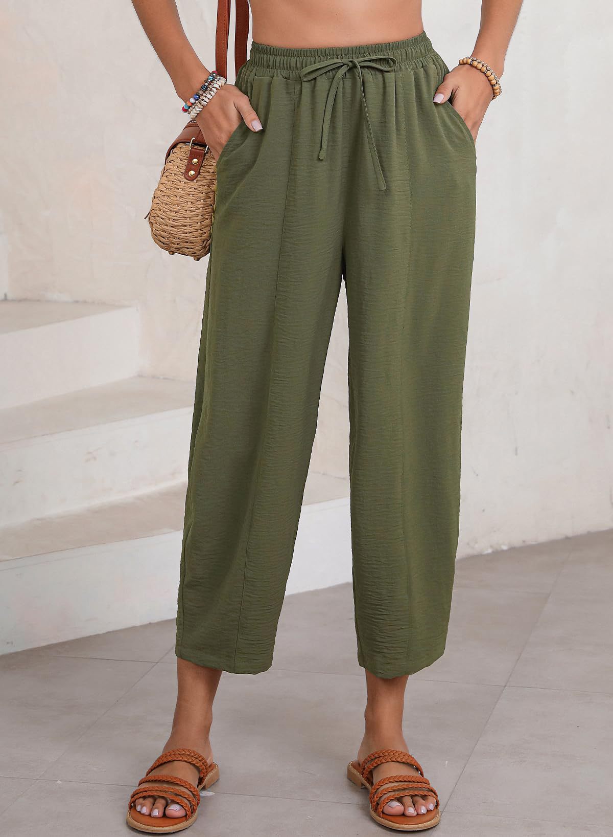 Women Clothing Spring Summer High Waist Loose Vacation Casual Drawstring Pocket Cropped Pants