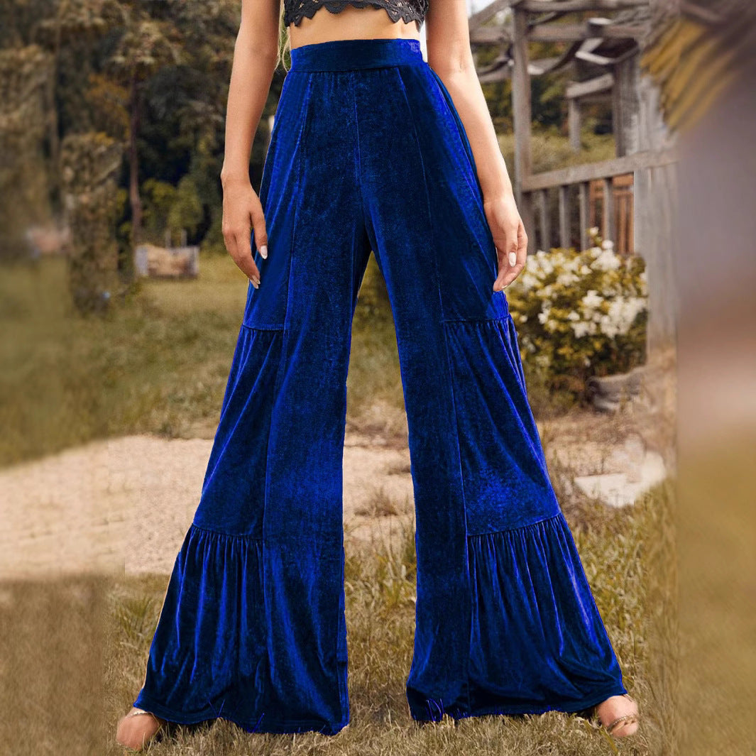 Women Clothing Autumn Winter Trendy Casual Trousers Gold Velvet Ruffled Wide Leg Pants