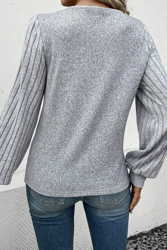 Buttoned V Neck Ribbed Puff Sleeve Top